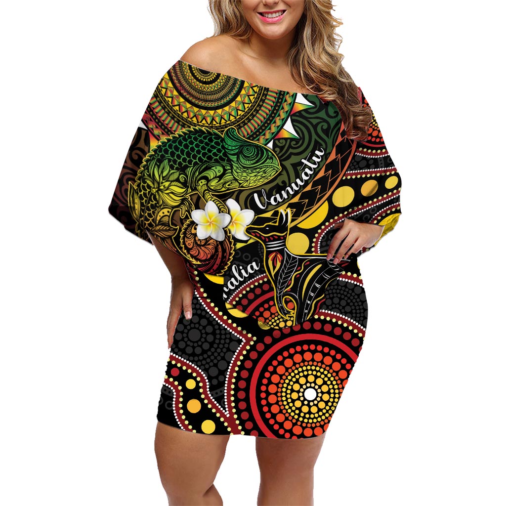 Vanuatu And Australia Aboriginal Family Matching Off Shoulder Short Dress and Hawaiian Shirt Iguana And Kangaroo Together LT05 Mom's Dress Black - Polynesian Pride
