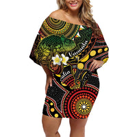 Vanuatu And Australia Aboriginal Family Matching Off Shoulder Short Dress and Hawaiian Shirt Iguana And Kangaroo Together LT05 Mom's Dress Black - Polynesian Pride