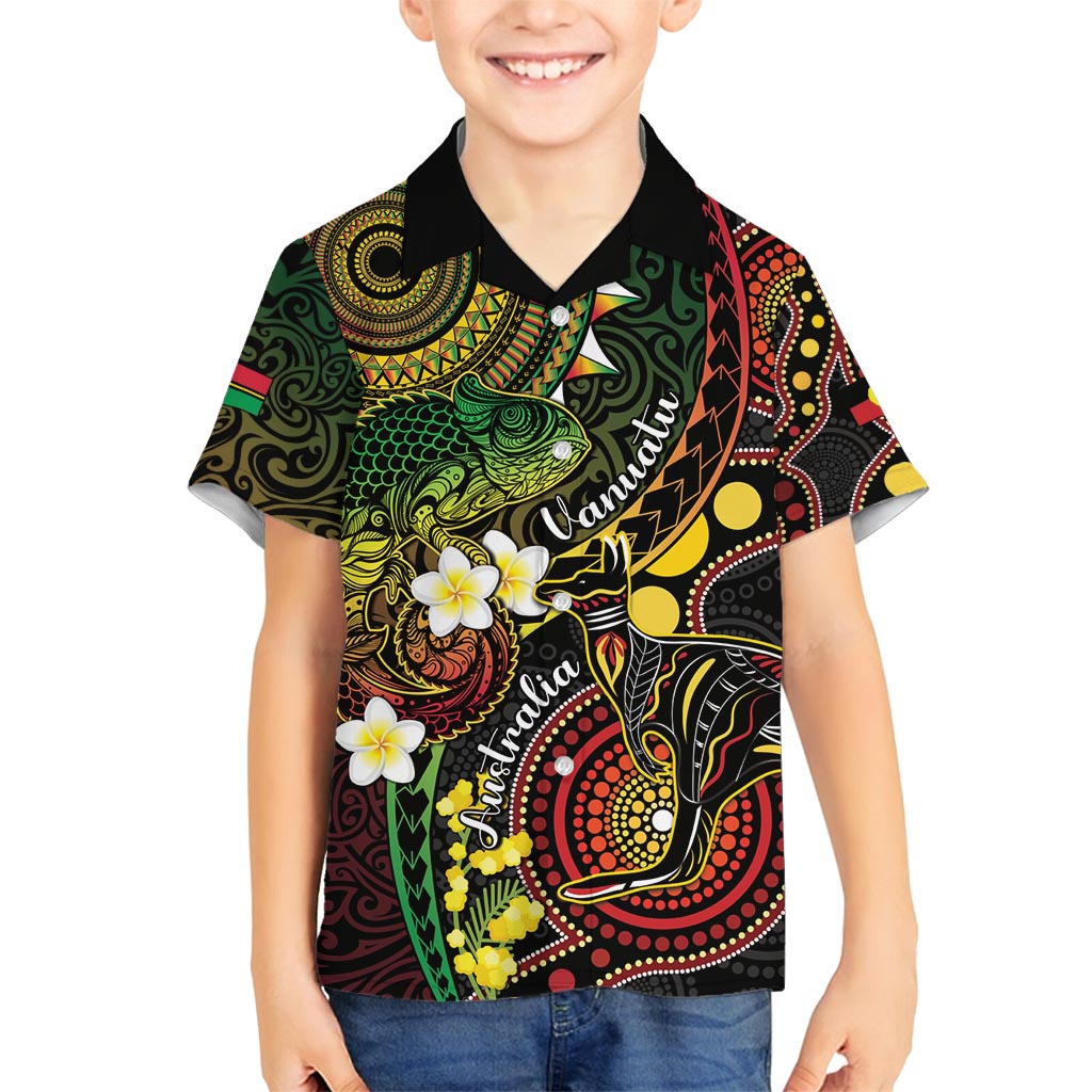 Vanuatu And Australia Aboriginal Family Matching Off Shoulder Short Dress and Hawaiian Shirt Iguana And Kangaroo Together LT05 Son's Shirt Black - Polynesian Pride