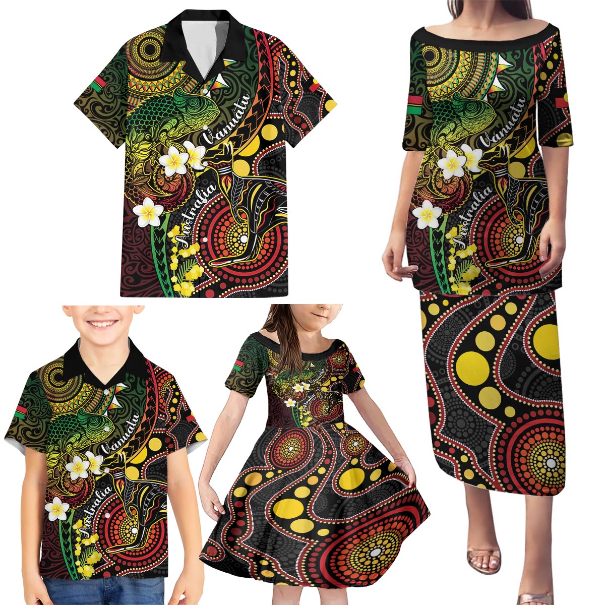 Vanuatu And Australia Aboriginal Family Matching Puletasi and Hawaiian Shirt Iguana And Kangaroo Together LT05 - Polynesian Pride