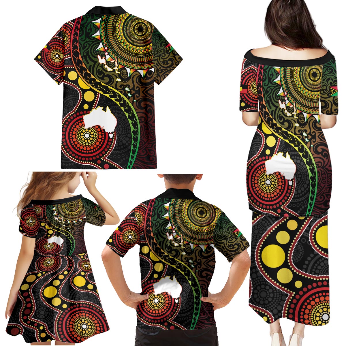 Vanuatu And Australia Aboriginal Family Matching Puletasi and Hawaiian Shirt Iguana And Kangaroo Together LT05 - Polynesian Pride