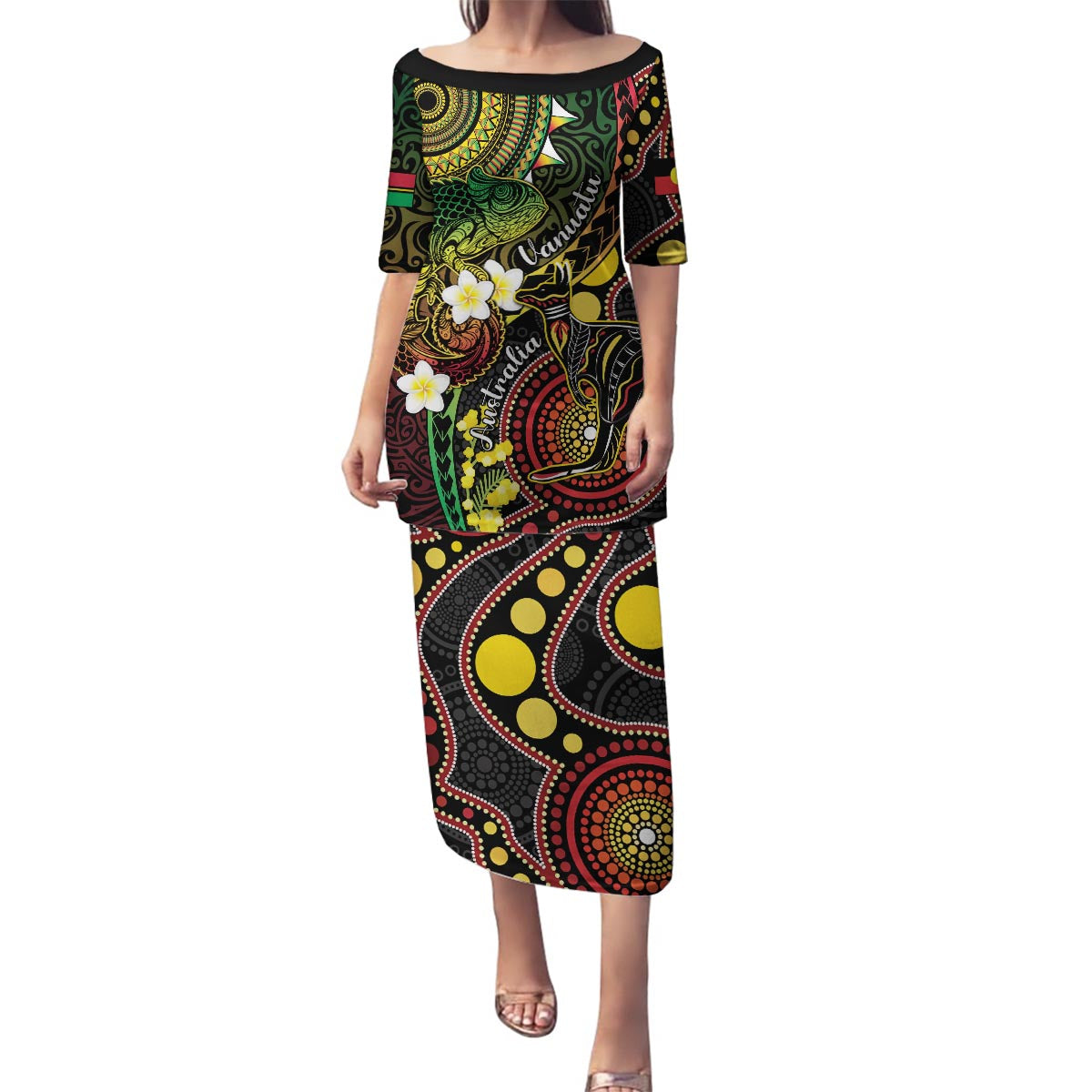 Vanuatu And Australia Aboriginal Family Matching Puletasi and Hawaiian Shirt Iguana And Kangaroo Together LT05 Mom's Dress Black - Polynesian Pride