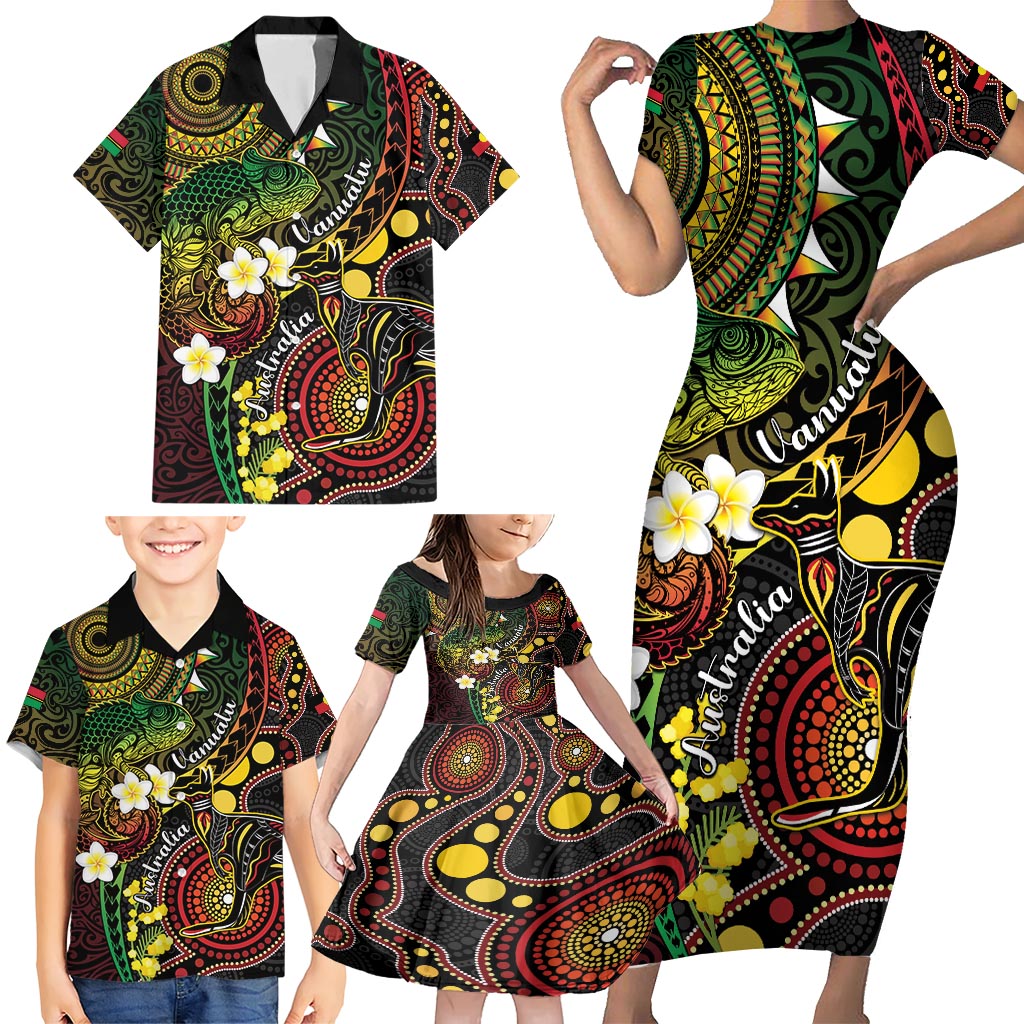 Vanuatu And Australia Aboriginal Family Matching Short Sleeve Bodycon Dress and Hawaiian Shirt Iguana And Kangaroo Together LT05 - Polynesian Pride