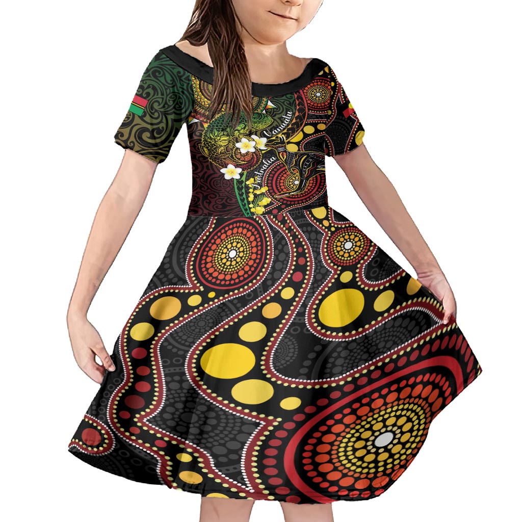 Vanuatu And Australia Aboriginal Family Matching Summer Maxi Dress and Hawaiian Shirt Iguana And Kangaroo Together LT05 Daughter's Dress Black - Polynesian Pride