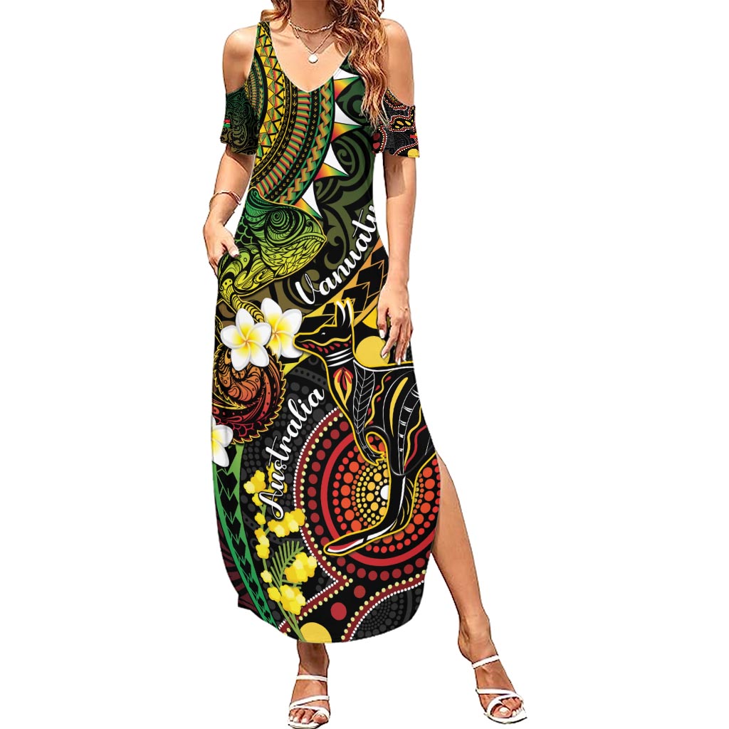 Vanuatu And Australia Aboriginal Family Matching Summer Maxi Dress and Hawaiian Shirt Iguana And Kangaroo Together LT05 Mom's Dress Black - Polynesian Pride