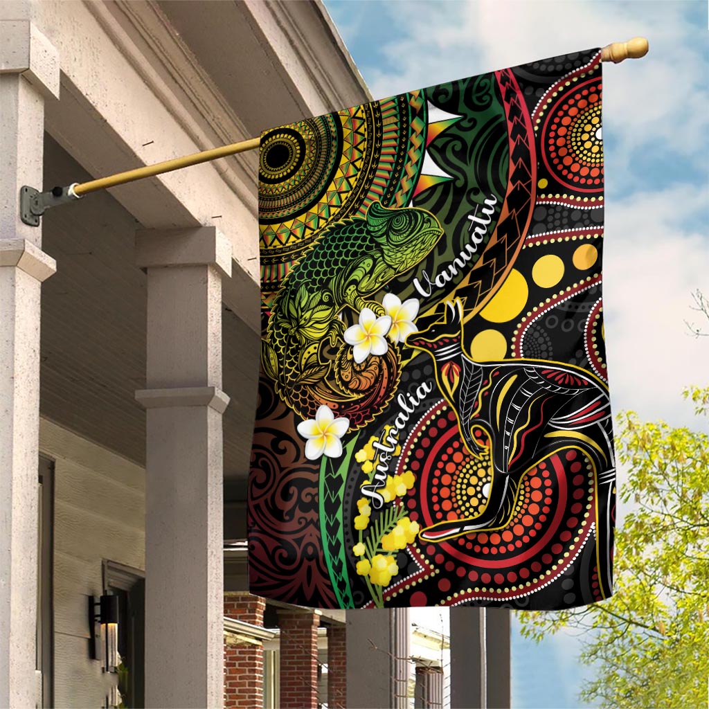 Vanuatu And Australia Aboriginal Garden Flag Iguana And Kangaroo Together LT05 House Flag Black - Polynesian Pride