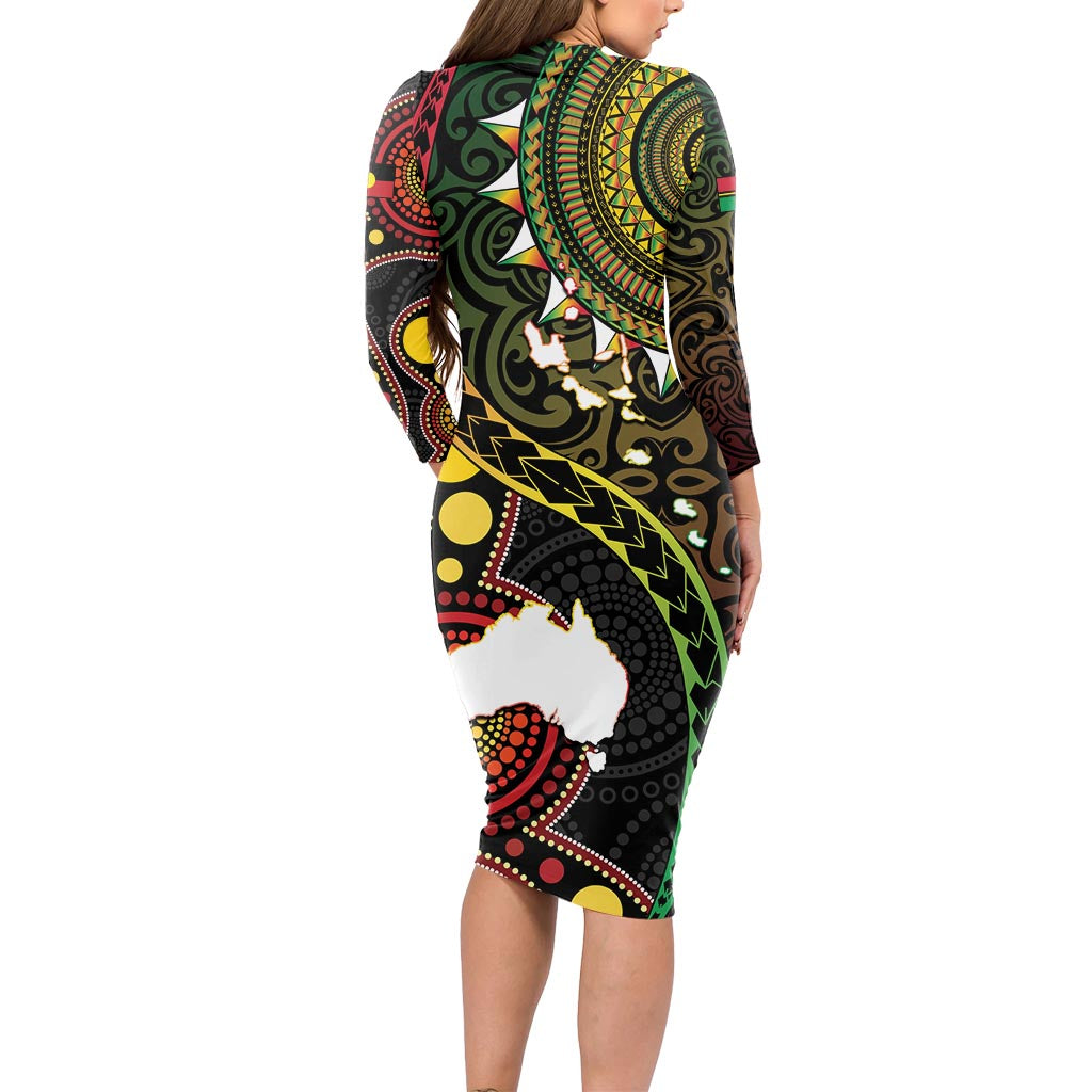 Vanuatu And Australia Aboriginal Long Sleeve Bodycon Dress Iguana And Kangaroo Together