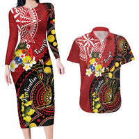 Tonga Ngatu And Australia Aboriginal Couples Matching Long Sleeve Bodycon Dress and Hawaiian Shirt Tongan Dove And Kangaroo Together LT05 Red - Polynesian Pride