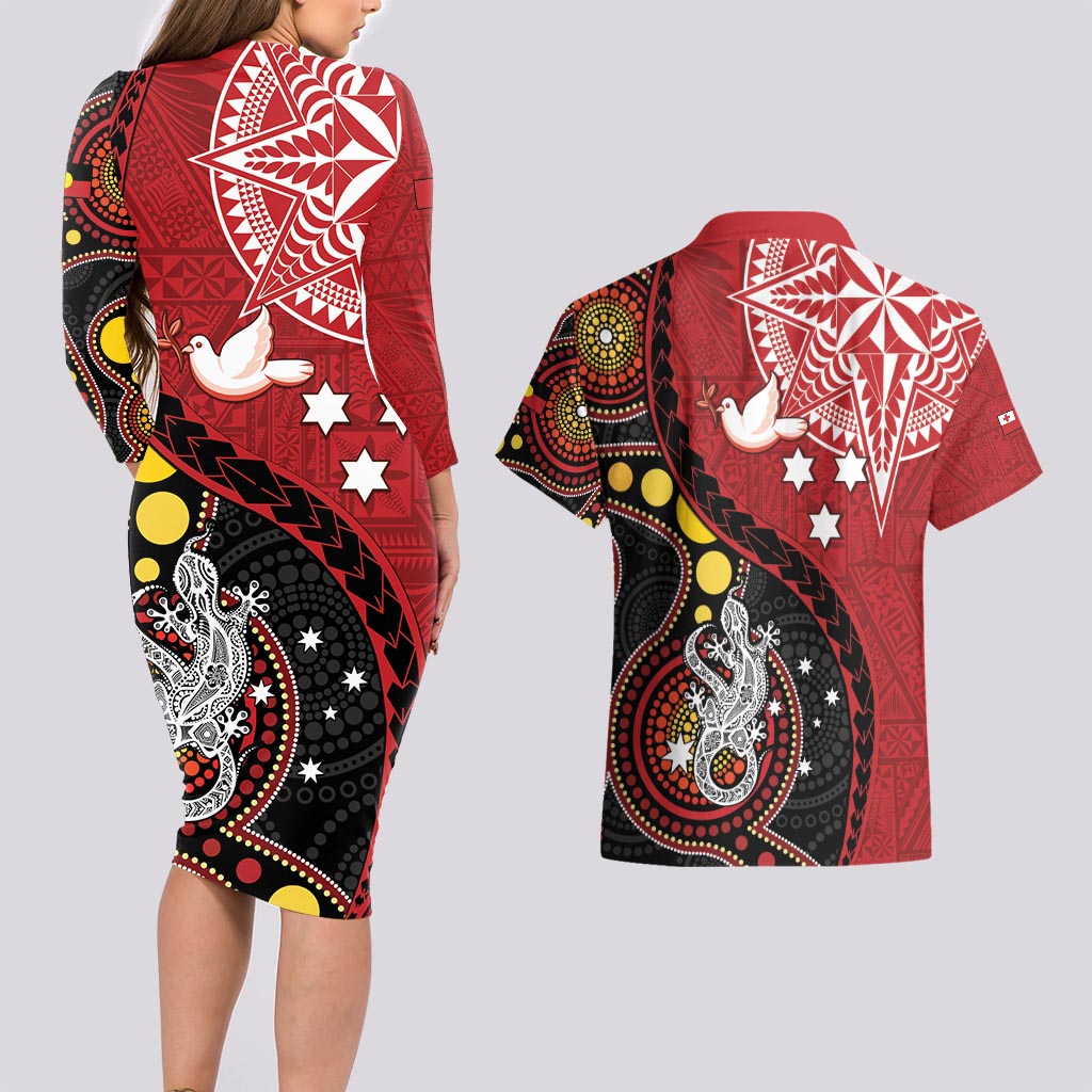 Tonga Ngatu And Australia Aboriginal Couples Matching Long Sleeve Bodycon Dress and Hawaiian Shirt Tongan Dove And Kangaroo Together LT05 - Polynesian Pride