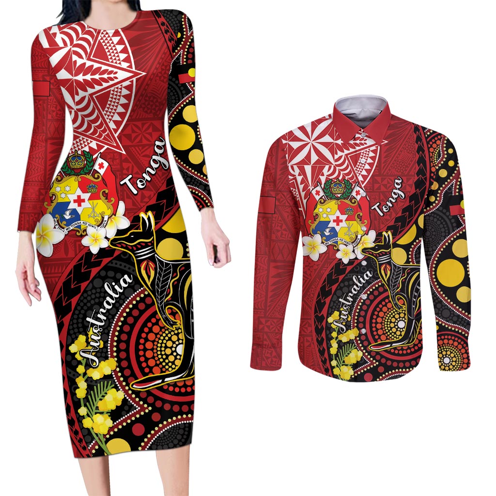 Tonga Ngatu And Australia Aboriginal Couples Matching Long Sleeve Bodycon Dress and Long Sleeve Button Shirt Tongan Dove And Kangaroo Together LT05 Red - Polynesian Pride