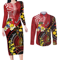 Tonga Ngatu And Australia Aboriginal Couples Matching Long Sleeve Bodycon Dress and Long Sleeve Button Shirt Tongan Dove And Kangaroo Together LT05 Red - Polynesian Pride