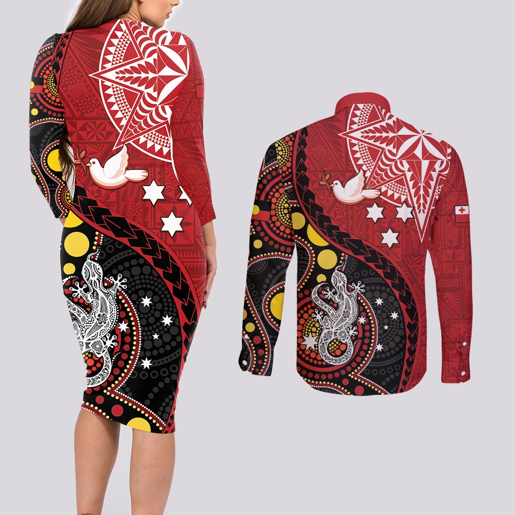 Tonga Ngatu And Australia Aboriginal Couples Matching Long Sleeve Bodycon Dress and Long Sleeve Button Shirt Tongan Dove And Kangaroo Together LT05 - Polynesian Pride
