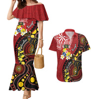 Tonga Ngatu And Australia Aboriginal Couples Matching Mermaid Dress and Hawaiian Shirt Tongan Dove And Kangaroo Together LT05 Red - Polynesian Pride