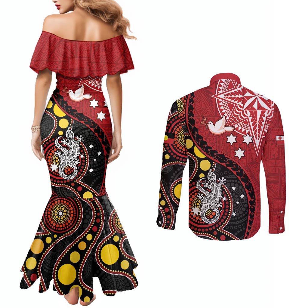Tonga Ngatu And Australia Aboriginal Couples Matching Mermaid Dress and Long Sleeve Button Shirt Tongan Dove And Kangaroo Together LT05 - Polynesian Pride
