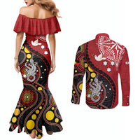 Tonga Ngatu And Australia Aboriginal Couples Matching Mermaid Dress and Long Sleeve Button Shirt Tongan Dove And Kangaroo Together LT05 - Polynesian Pride