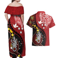 Tonga Ngatu And Australia Aboriginal Couples Matching Off Shoulder Maxi Dress and Hawaiian Shirt Tongan Dove And Kangaroo Together LT05 - Polynesian Pride