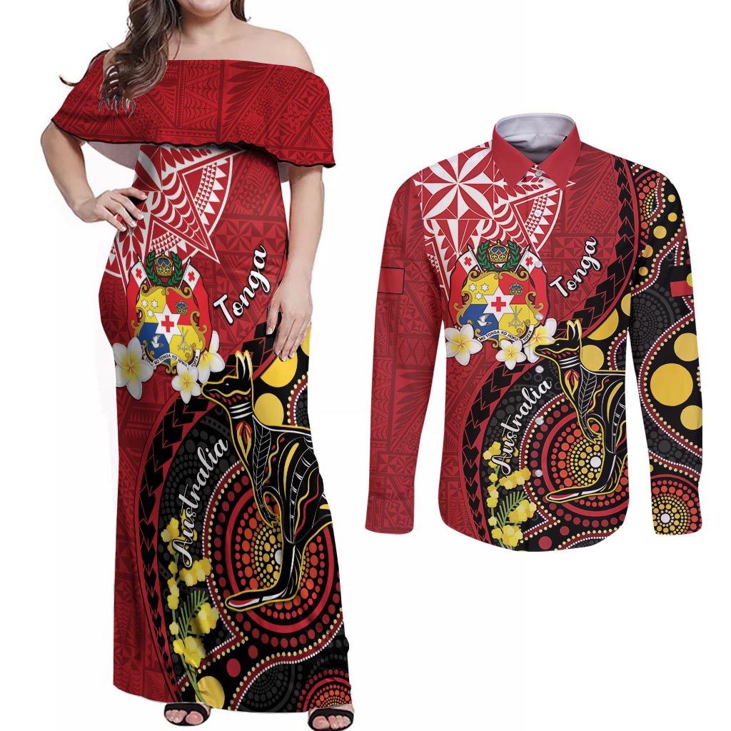 Tonga Ngatu And Australia Aboriginal Couples Matching Off Shoulder Maxi Dress and Long Sleeve Button Shirt Tongan Dove And Kangaroo Together LT05 Red - Polynesian Pride