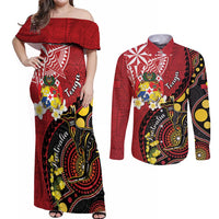 Tonga Ngatu And Australia Aboriginal Couples Matching Off Shoulder Maxi Dress and Long Sleeve Button Shirt Tongan Dove And Kangaroo Together LT05 Red - Polynesian Pride