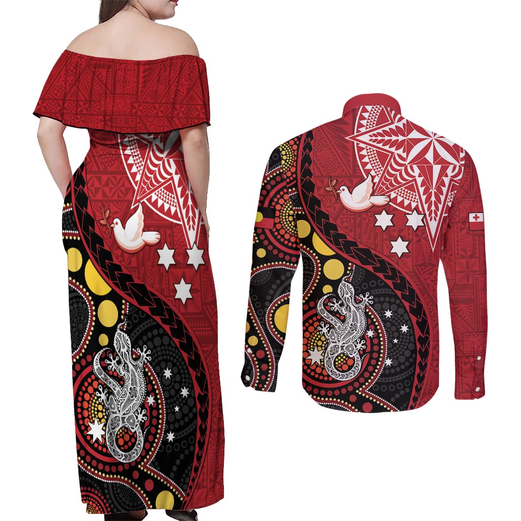 Tonga Ngatu And Australia Aboriginal Couples Matching Off Shoulder Maxi Dress and Long Sleeve Button Shirt Tongan Dove And Kangaroo Together LT05 - Polynesian Pride