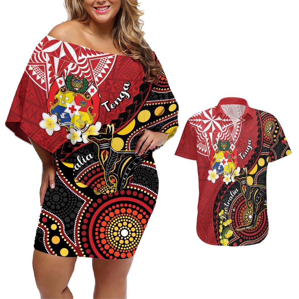 Tonga Ngatu And Australia Aboriginal Couples Matching Off Shoulder Short Dress and Hawaiian Shirt Tongan Dove And Kangaroo Together LT05 Red - Polynesian Pride
