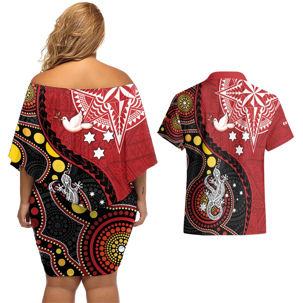 Tonga Ngatu And Australia Aboriginal Couples Matching Off Shoulder Short Dress and Hawaiian Shirt Tongan Dove And Kangaroo Together LT05 - Polynesian Pride