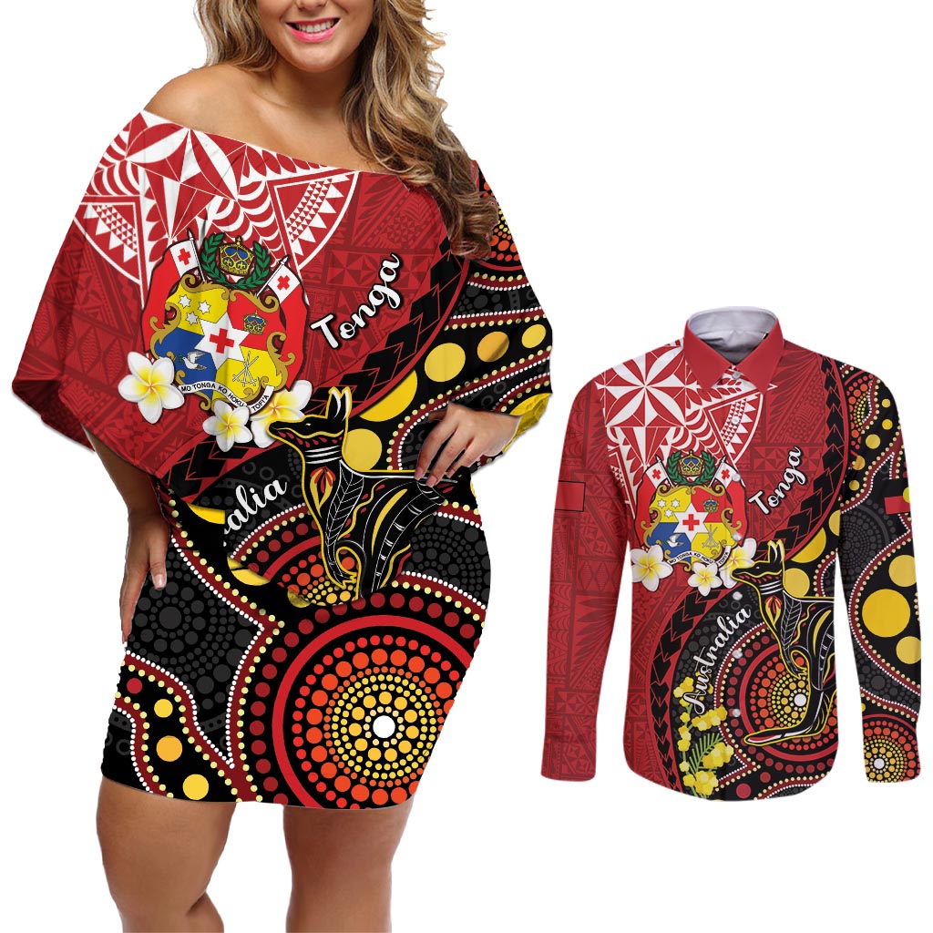 Tonga Ngatu And Australia Aboriginal Couples Matching Off Shoulder Short Dress and Long Sleeve Button Shirt Tongan Dove And Kangaroo Together LT05 Red - Polynesian Pride