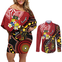 Tonga Ngatu And Australia Aboriginal Couples Matching Off Shoulder Short Dress and Long Sleeve Button Shirt Tongan Dove And Kangaroo Together LT05 Red - Polynesian Pride