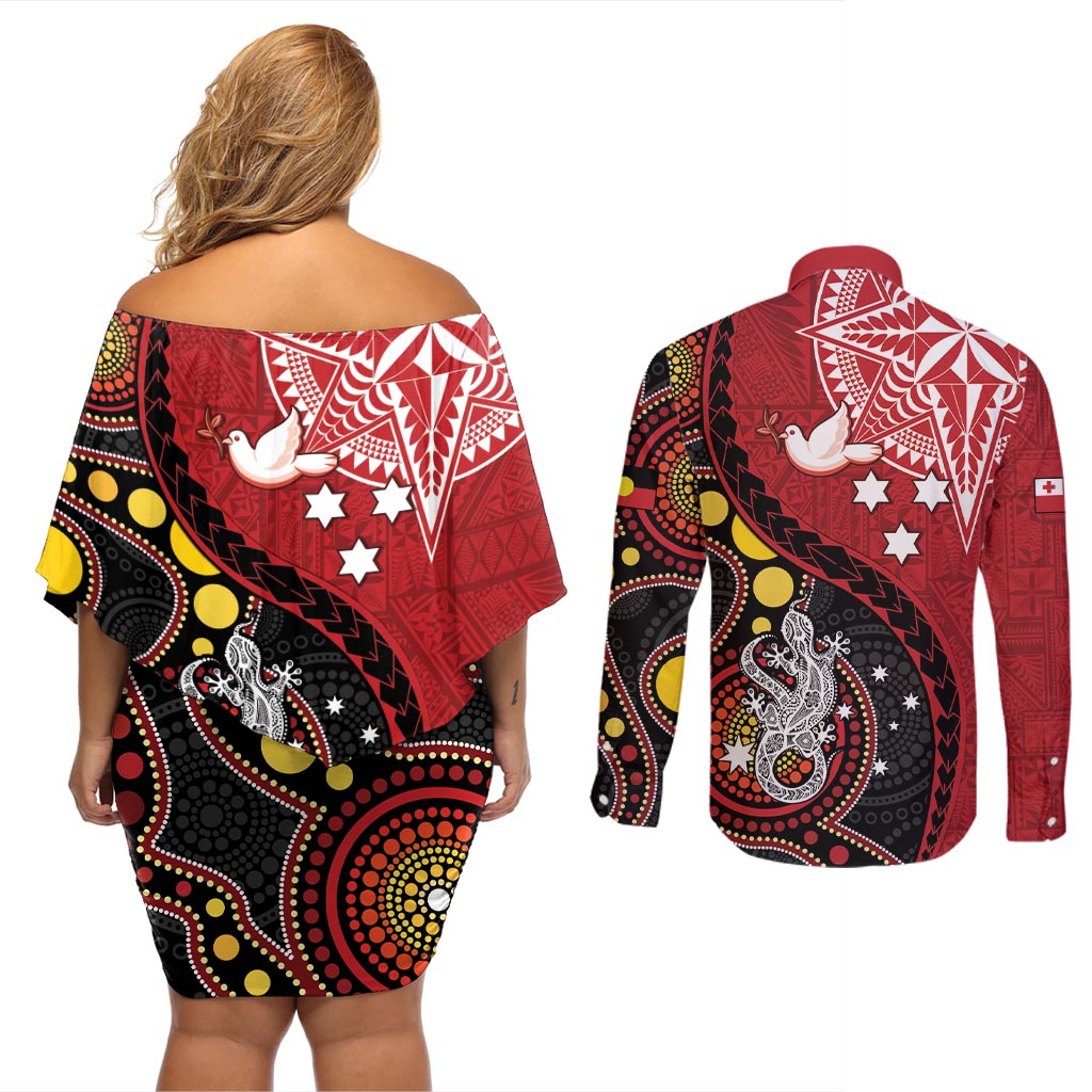 Tonga Ngatu And Australia Aboriginal Couples Matching Off Shoulder Short Dress and Long Sleeve Button Shirt Tongan Dove And Kangaroo Together LT05 - Polynesian Pride