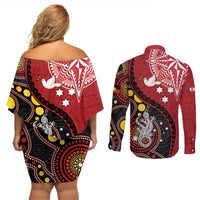 Tonga Ngatu And Australia Aboriginal Couples Matching Off Shoulder Short Dress and Long Sleeve Button Shirt Tongan Dove And Kangaroo Together LT05 - Polynesian Pride