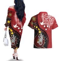 Tonga Ngatu And Australia Aboriginal Couples Matching Off The Shoulder Long Sleeve Dress and Hawaiian Shirt Tongan Dove And Kangaroo Together LT05 - Polynesian Pride