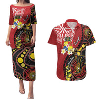 Tonga Ngatu And Australia Aboriginal Couples Matching Puletasi and Hawaiian Shirt Tongan Dove And Kangaroo Together LT05 Red - Polynesian Pride