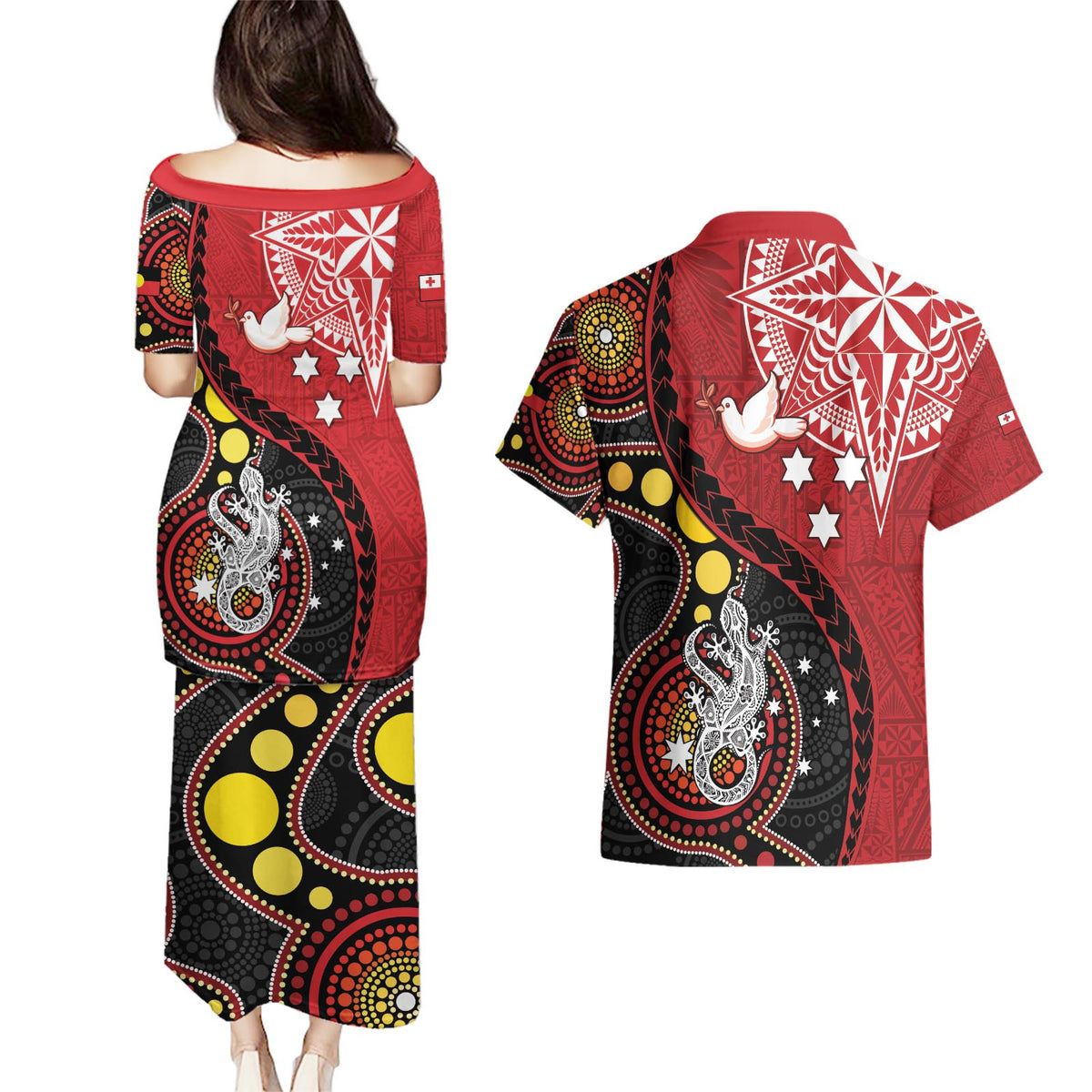 Tonga Ngatu And Australia Aboriginal Couples Matching Puletasi and Hawaiian Shirt Tongan Dove And Kangaroo Together LT05 - Polynesian Pride