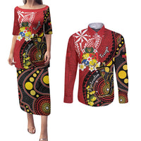 Tonga Ngatu And Australia Aboriginal Couples Matching Puletasi and Long Sleeve Button Shirt Tongan Dove And Kangaroo Together LT05 Red - Polynesian Pride