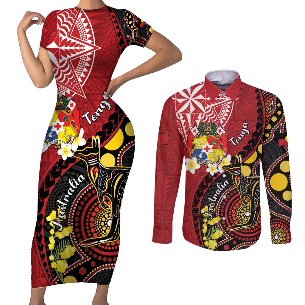 Tonga Ngatu And Australia Aboriginal Couples Matching Short Sleeve Bodycon Dress and Long Sleeve Button Shirt Tongan Dove And Kangaroo Together LT05 Red - Polynesian Pride