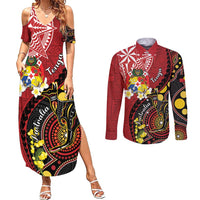 Tonga Ngatu And Australia Aboriginal Couples Matching Summer Maxi Dress and Long Sleeve Button Shirt Tongan Dove And Kangaroo Together LT05 Red - Polynesian Pride