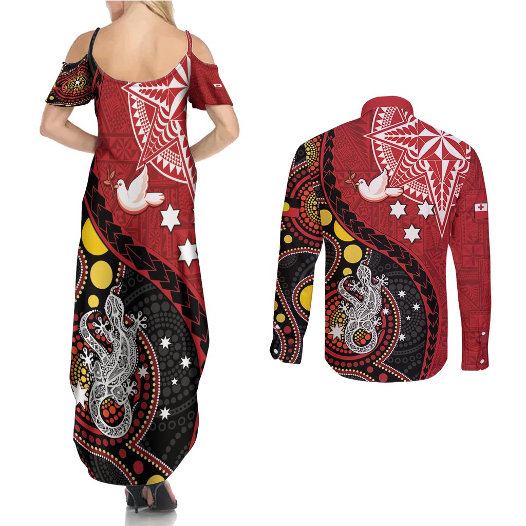 Tonga Ngatu And Australia Aboriginal Couples Matching Summer Maxi Dress and Long Sleeve Button Shirt Tongan Dove And Kangaroo Together LT05 - Polynesian Pride