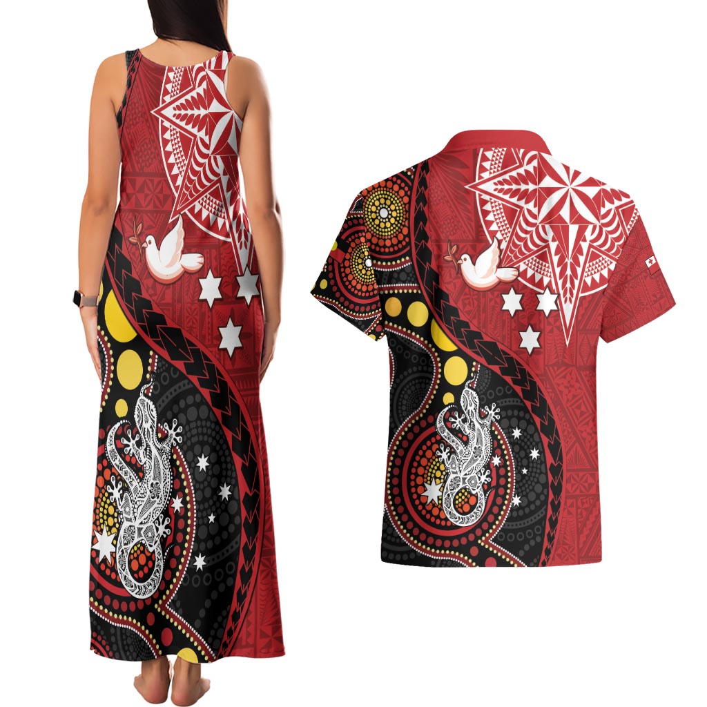 Tonga Ngatu And Australia Aboriginal Couples Matching Tank Maxi Dress and Hawaiian Shirt Tongan Dove And Kangaroo Together LT05 - Polynesian Pride