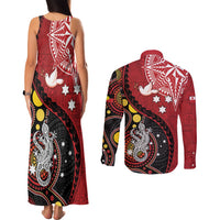 Tonga Ngatu And Australia Aboriginal Couples Matching Tank Maxi Dress and Long Sleeve Button Shirt Tongan Dove And Kangaroo Together LT05 - Polynesian Pride