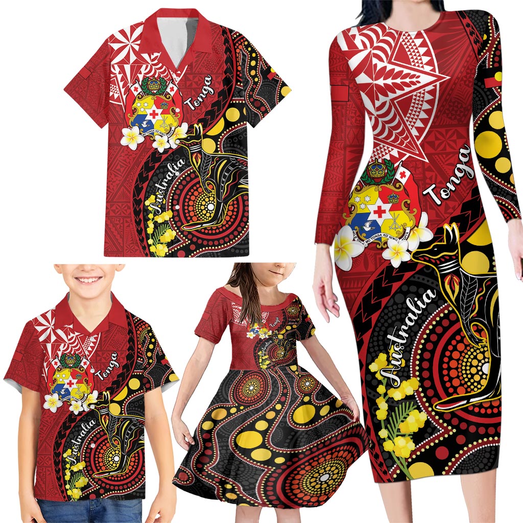 Tonga Ngatu And Australia Aboriginal Family Matching Long Sleeve Bodycon Dress and Hawaiian Shirt Tongan Dove And Kangaroo Together LT05 - Polynesian Pride