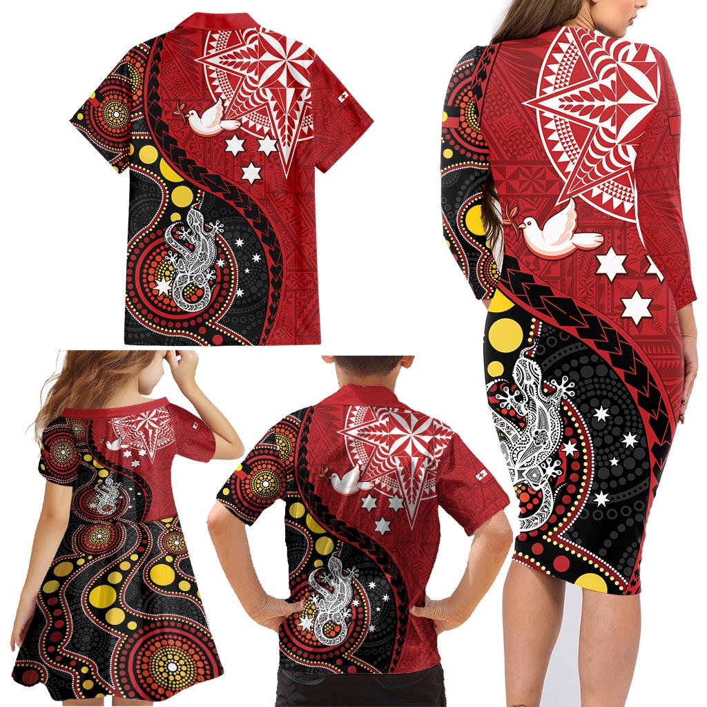 Tonga Ngatu And Australia Aboriginal Family Matching Long Sleeve Bodycon Dress and Hawaiian Shirt Tongan Dove And Kangaroo Together LT05 - Polynesian Pride
