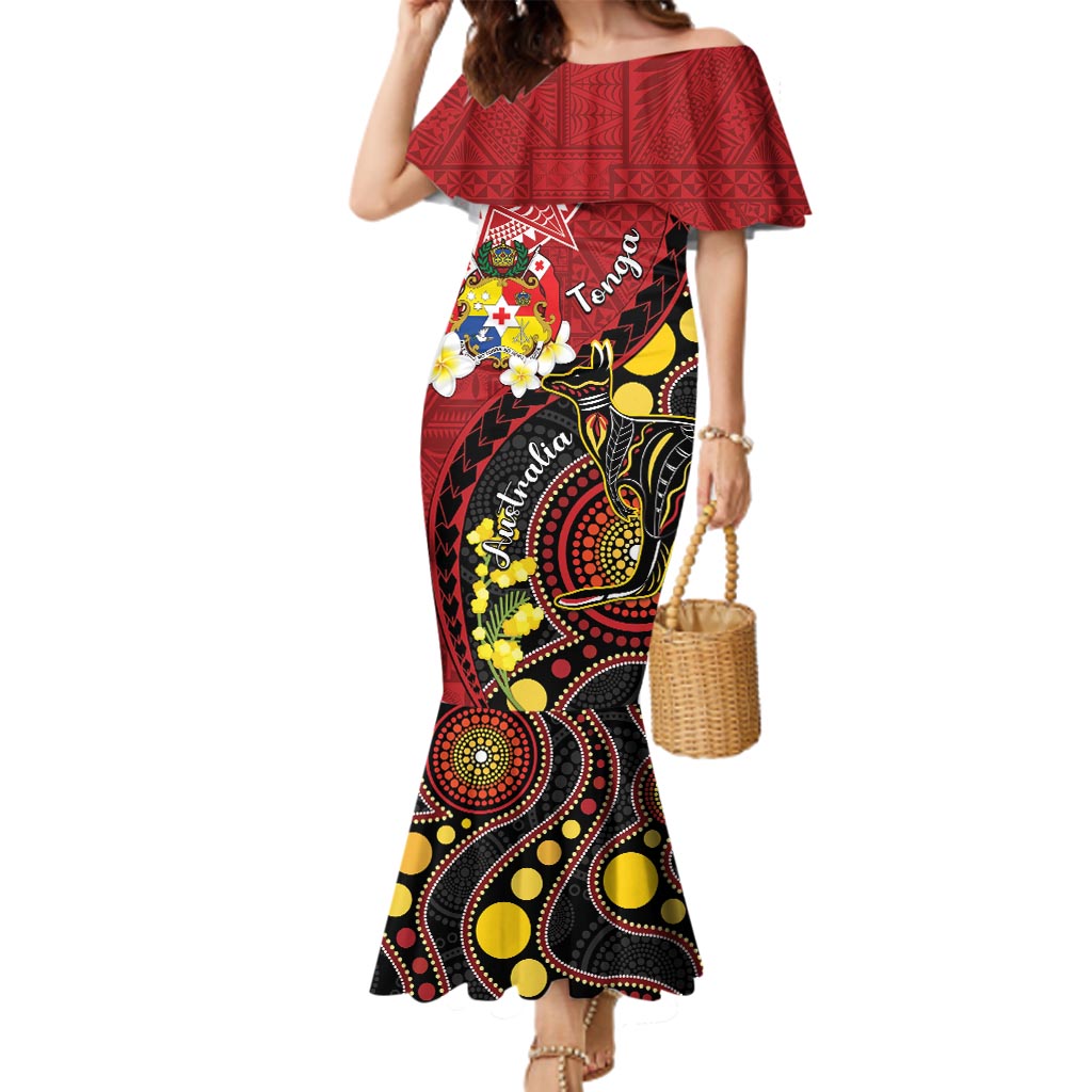 Tonga Ngatu And Australia Aboriginal Family Matching Mermaid Dress and Hawaiian Shirt Tongan Dove And Kangaroo Together LT05 Mom's Dress Red - Polynesian Pride