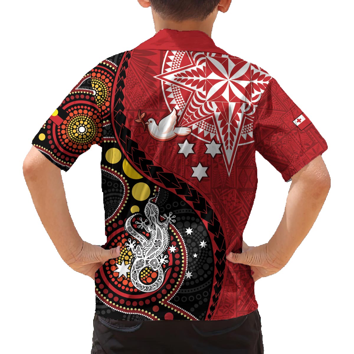 Tonga Ngatu And Australia Aboriginal Family Matching Off The Shoulder Long Sleeve Dress and Hawaiian Shirt Tongan Dove And Kangaroo Together LT05 - Polynesian Pride