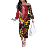 Tonga Ngatu And Australia Aboriginal Family Matching Off The Shoulder Long Sleeve Dress and Hawaiian Shirt Tongan Dove And Kangaroo Together LT05 Mom's Dress Red - Polynesian Pride