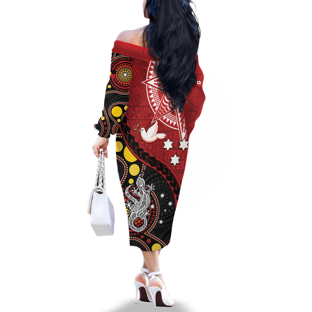 Tonga Ngatu And Australia Aboriginal Family Matching Off The Shoulder Long Sleeve Dress and Hawaiian Shirt Tongan Dove And Kangaroo Together LT05 - Polynesian Pride
