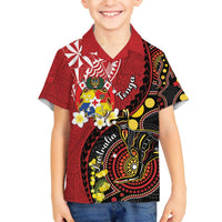 Tonga Ngatu And Australia Aboriginal Family Matching Off The Shoulder Long Sleeve Dress and Hawaiian Shirt Tongan Dove And Kangaroo Together LT05 Son's Shirt Red - Polynesian Pride