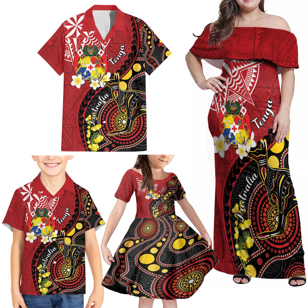 Tonga Ngatu And Australia Aboriginal Family Matching Off Shoulder Maxi Dress and Hawaiian Shirt Tongan Dove And Kangaroo Together LT05 - Polynesian Pride
