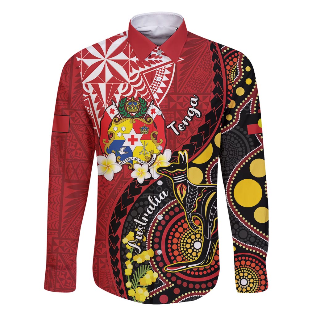 Tonga Ngatu And Australia Aboriginal Family Matching Off Shoulder Maxi Dress and Hawaiian Shirt Tongan Dove And Kangaroo Together LT05 Dad's Shirt - Long Sleeve Red - Polynesian Pride