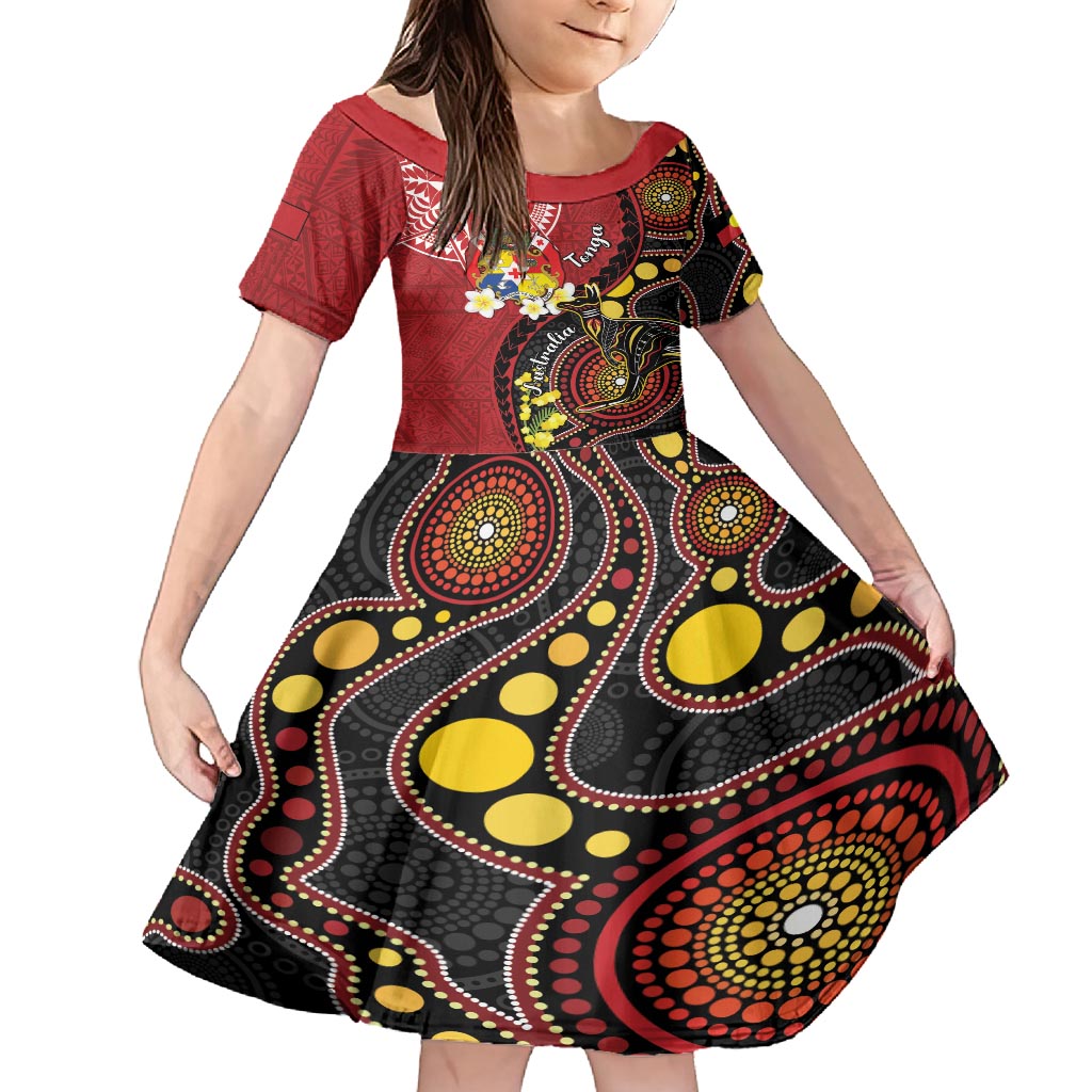 Tonga Ngatu And Australia Aboriginal Family Matching Off Shoulder Short Dress and Hawaiian Shirt Tongan Dove And Kangaroo Together LT05 Daughter's Dress Red - Polynesian Pride