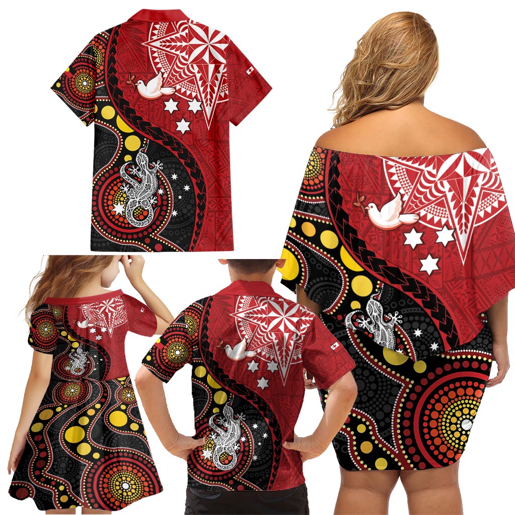 Tonga Ngatu And Australia Aboriginal Family Matching Off Shoulder Short Dress and Hawaiian Shirt Tongan Dove And Kangaroo Together LT05 - Polynesian Pride