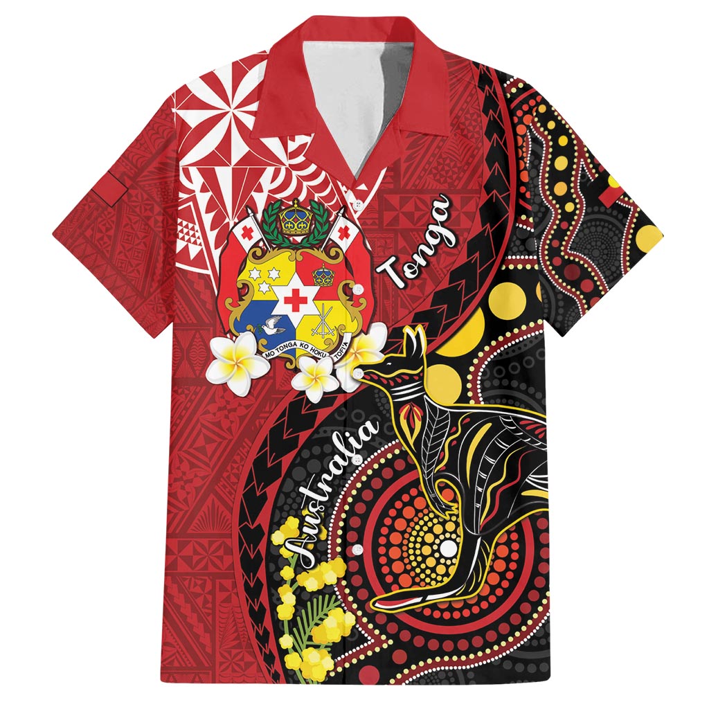 Tonga Ngatu And Australia Aboriginal Family Matching Off Shoulder Short Dress and Hawaiian Shirt Tongan Dove And Kangaroo Together LT05 Dad's Shirt - Short Sleeve Red - Polynesian Pride
